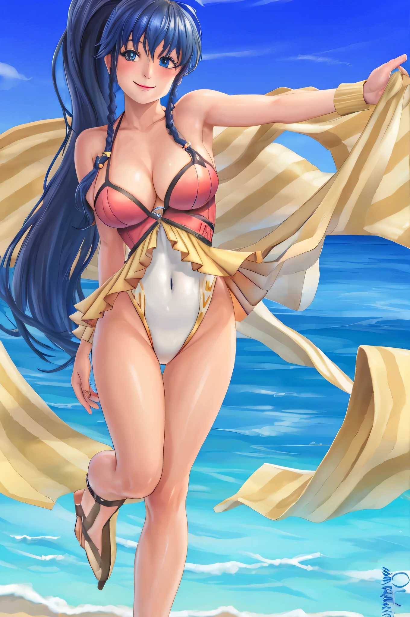 (hyperrealism:1.2), BREAK tana_fe_swimsuit, one-piece swimsuit, BREAK (8K UHD:1.2), (photorealistic:1.2) 1girl, solo, breasts, looking at viewer, blush, smile, cleavage,