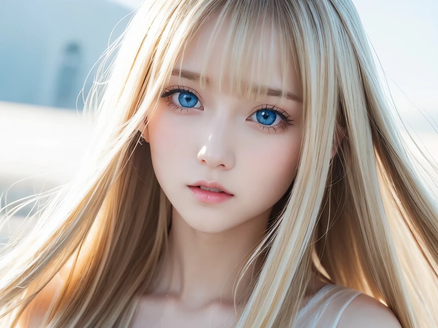 Transparent white glossy skin、Wind hair gets in the way in front of cute face、20 year old cute sexy little beautiful face、Shining beautiful straight hair, glowingblueeyes、Long silky bangs covering cute eyes, Sexy face hiding hair super long hair sexy cute young woman long natural blonde shiny bright hair