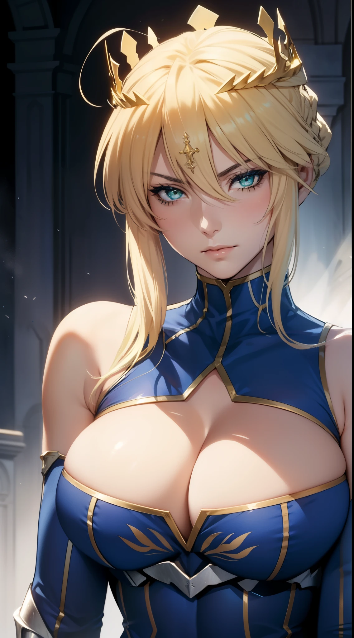 Lancer Artoria, elegant adult female, blonde, green eyes, crown, turtleneck, cleavage cutout, sleeveless, blue leotard, elbow gloves, gauntlets, blue thigh, close-up face, high resolution, extremely detail 8k cg.