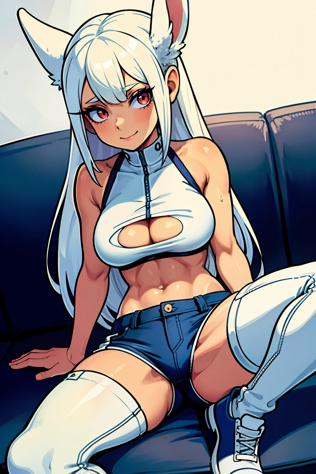 Cute girls,ojos rojos redondos, cabello blanco、orejas de conejo,sexy、sonriendo,Peinado liso medio a largo、（Bigboobs,lleva una lenceria azul，En una casa de alquiler，sitting on the couch，Noche，estaba lloviendo afuera，Upper body is wet.,cuerpo entero,lleva unos pantalones blancos