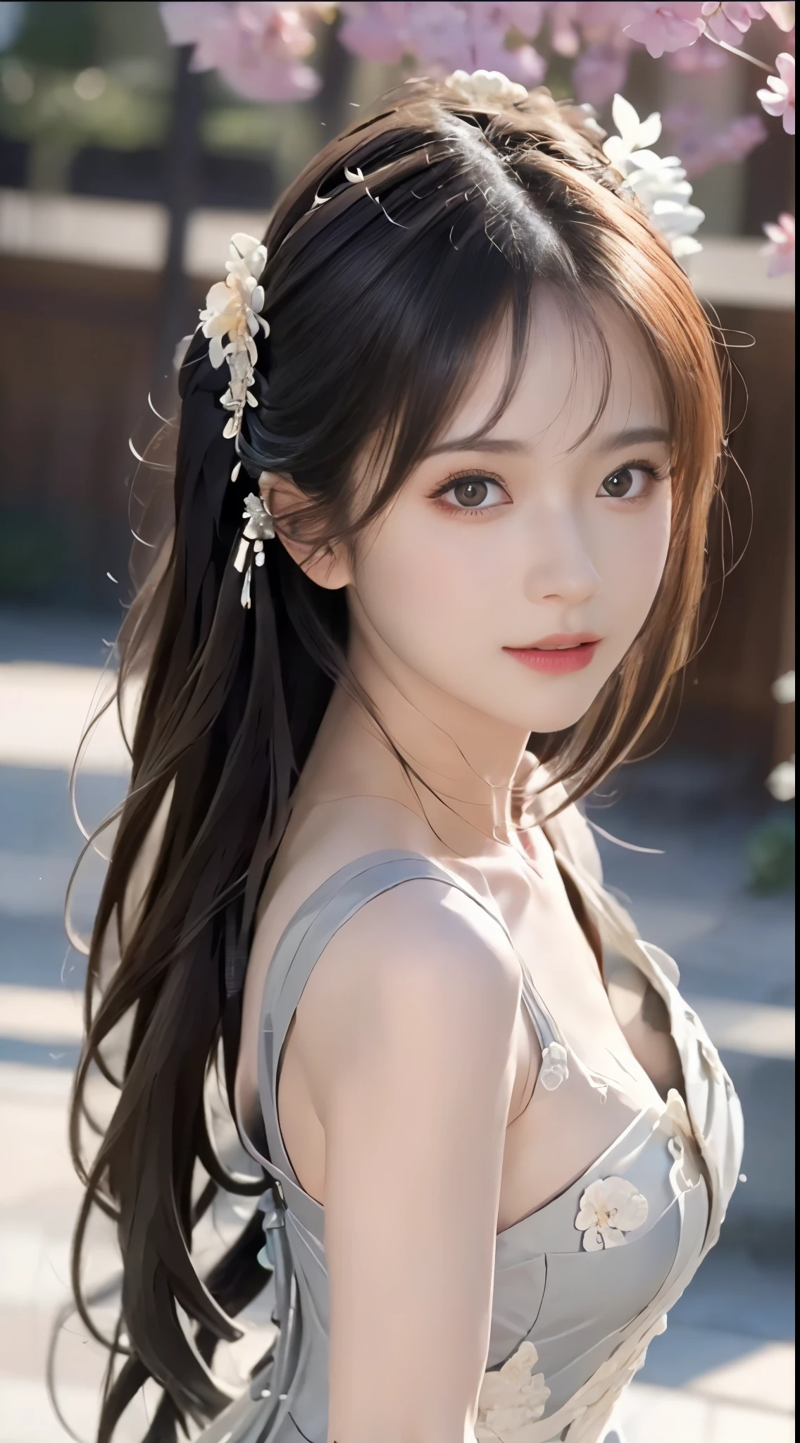 highly Detailed, 8K, masutepiece, 1girl in, Grey two-tone_hair, Dress, (Perfect_Face), ornate, Convoluted, Dramatic Lighting, 4K, Detailed_Background, Caustics, Portrait, , from a_Side