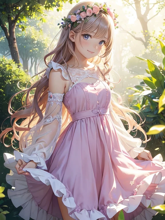 (Best Quality,Ultra-detailed,Photorealistic:1.37),Colorful,Ethereal lighting,Soft pastel tones,Atmosphere of bliss,Flower Garden,Daytime,summer feel,Joyful expression,Cheerful smile,sparkling stars,Sparkling eyes,((Long pink wavy hair)),(((Flowing dress with lots of frills and lace))),The wind flipped my skirt and exposed vagina, Small butterfly,Dainty floral crown,Innocent beauty,Natural and radiant appearance,Quiet and peaceful environment,Harmony with nature,Playful sunbeams,Delicate features,Dreamy whimsical atmosphere,Fun and enchanting moments, cute floral panties, show panties, transparant dress