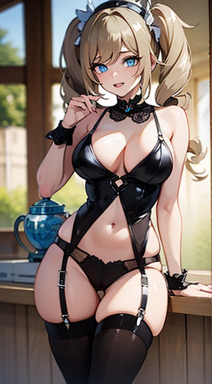 Barbara \(genshin impact\), barbara, genshin impact, top-quality、Top image quality、masterpiece、girl with((18year old、Waitress costume、Best Bust、Bust 85、a blond、twintails hair、Blue eyes、open chest wide、Valley、Happiness、Black wristband on wrist、A slender、耳Nipple Ring、The wind blows、Hold out the menu))hiquality、visualart、Background with((tea shop))、masutepiece、doing sex, a girl is riding a big cock