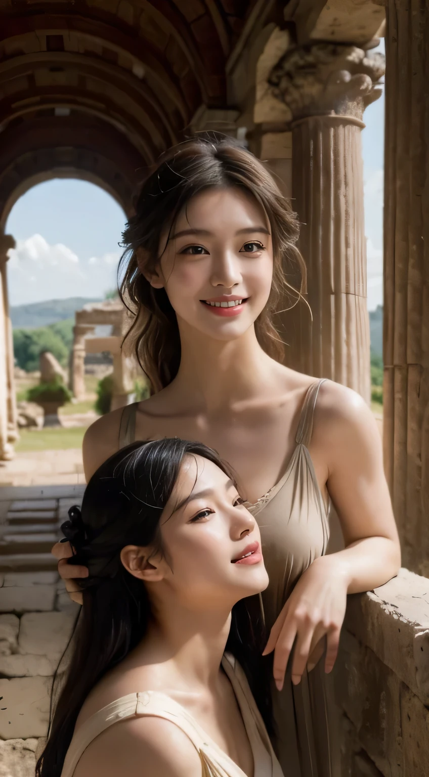 Ancient Roman ruins,an ancient roman statue,Poussin-style landscape,A smile,,Sweet and seductive appearance.、Caravaggio's paintings、Chiaroscuro of Caravaggio、Hair disheveled in the wind,Two women frolicking,Cute smile, Expression of ecstasy,A sexy,Erotic