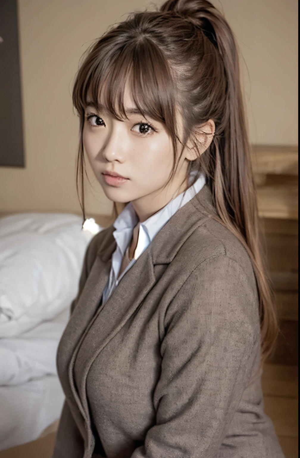 a japanese girl with long light brown hair into ponytail. ponytail tied with ribbon. green eyes. school uniform. hyperrealistic. ultra high res.(8K, RAW photos, best quality, tmasterpiece: 1.2) , (realisticlying, photograph realistic: 1.4),UHD