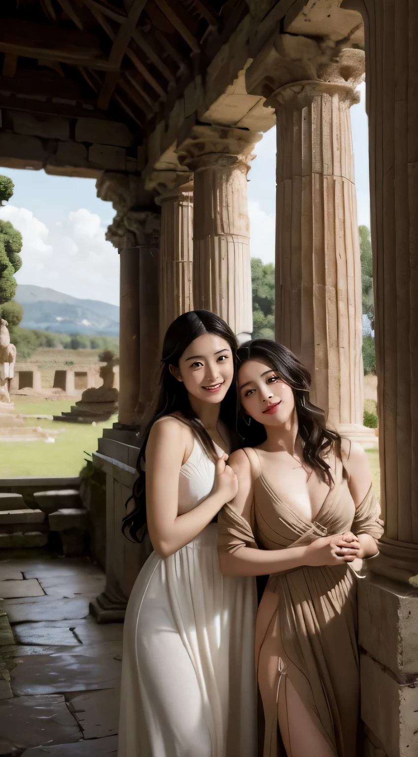 Ancient Roman ruins,an ancient roman statue,Poussin-style landscape,A smile,,Sweet and seductive appearance.、Caravaggio's paintings、Chiaroscuro of Caravaggio、Hair disheveled in the wind,Two women frolicking,Cute smile, Expression of ecstasy,A sexy,Erotic