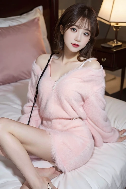 (((a bed,Hotel))),((long-sleeve,Pink fluffy knit,Little big)),((A sexy,japanes,femele,cute little)),(clean,short-hair),(top-quality,masterpiece:1.3,超A high resolution),(ultra-detailliert,Caustics),(Photorealsitic:1.4,RAW shooting,)Ultra-realistic capture,A highly detailed,High resolution 16K resolution