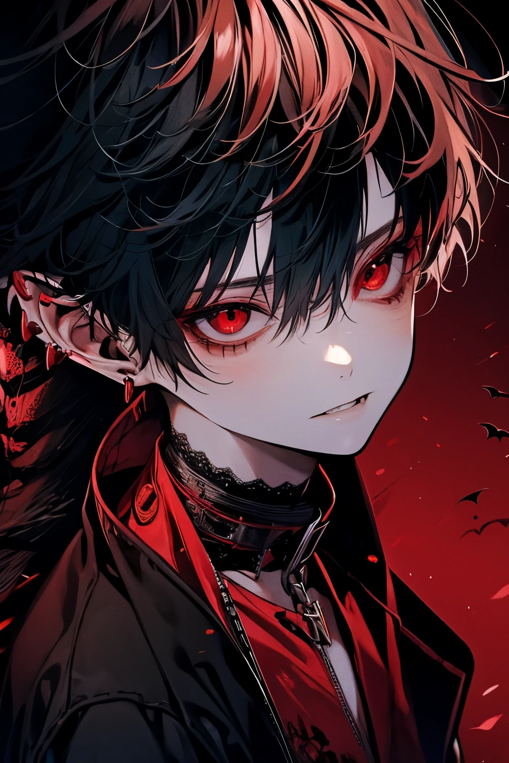 (masutepiece), (Best Quality), Highly detailed, 1 boy, Solo Focus, Perfect face, Beautiful face, extra detailed face，(A dark-haired:1.5)，(Red eyes:1.4)，(Vampires:1.4)，(Open your mouth to show your fangs:1.3)，