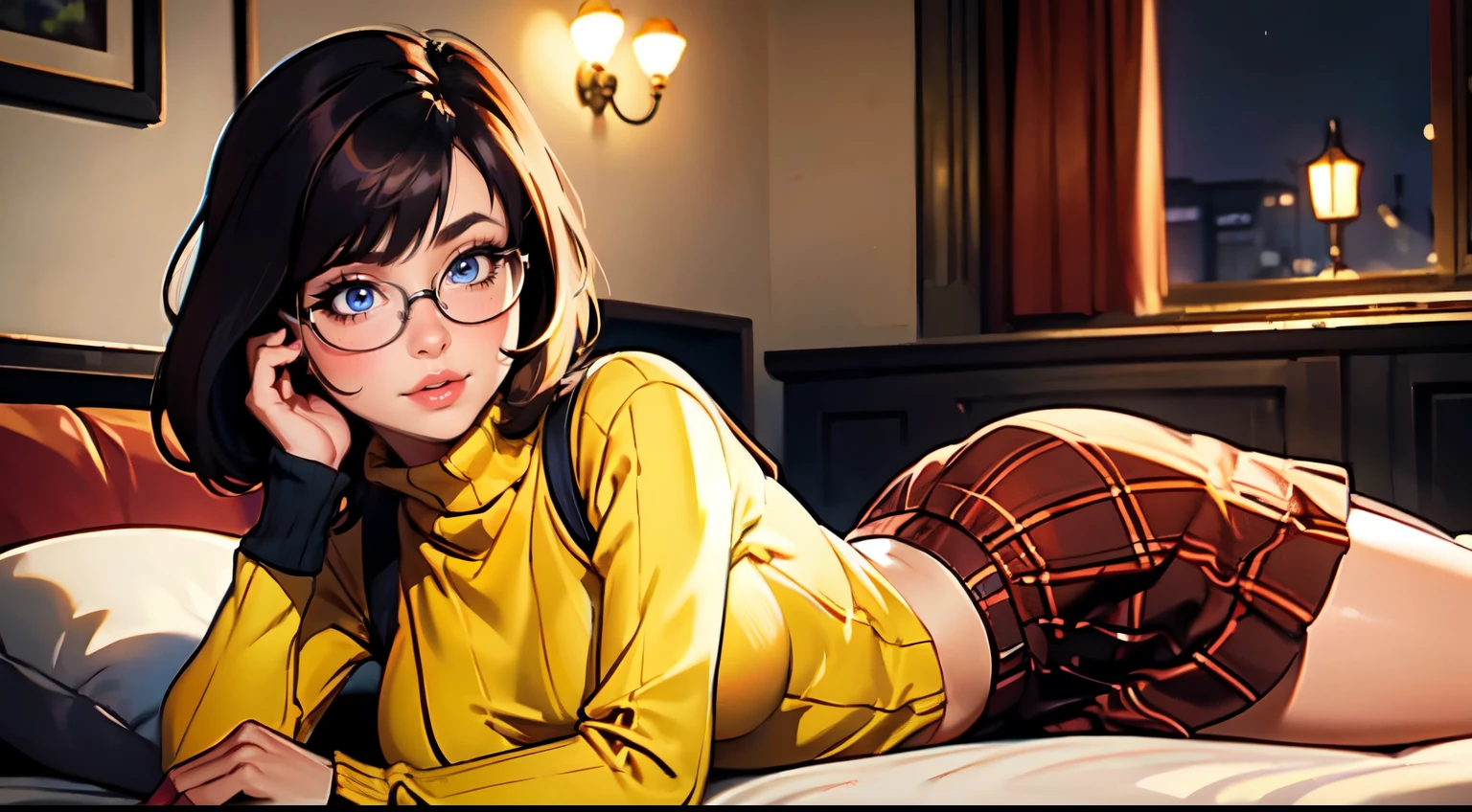HD, 8k quality, masterpiece, Velma, dream girl, large breasts, beautiful face, blushing, kissing lips, short bob hairstyle, long bangs, perfect makeup, realistic face, detailed eyes, blue eyes, brunette hair, long eyelashes, smiling, spooky bedroom, lying down on bed, thicc body, leaning forward, eyes at viewer, mustard-yellow top, knitted turtle neck sweater, clear lens glasses, cherry-red skirt, girl skirt,