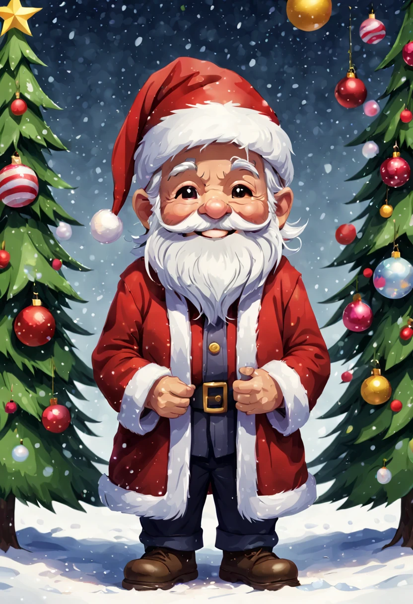 (masterpiece, best quality:1.3),caise,colorful,white background,a santa old man,smile,squint,(chibi:1.1),standing,solo,christmas hat,christmas_tree,present,flowers,snowing,outside,
