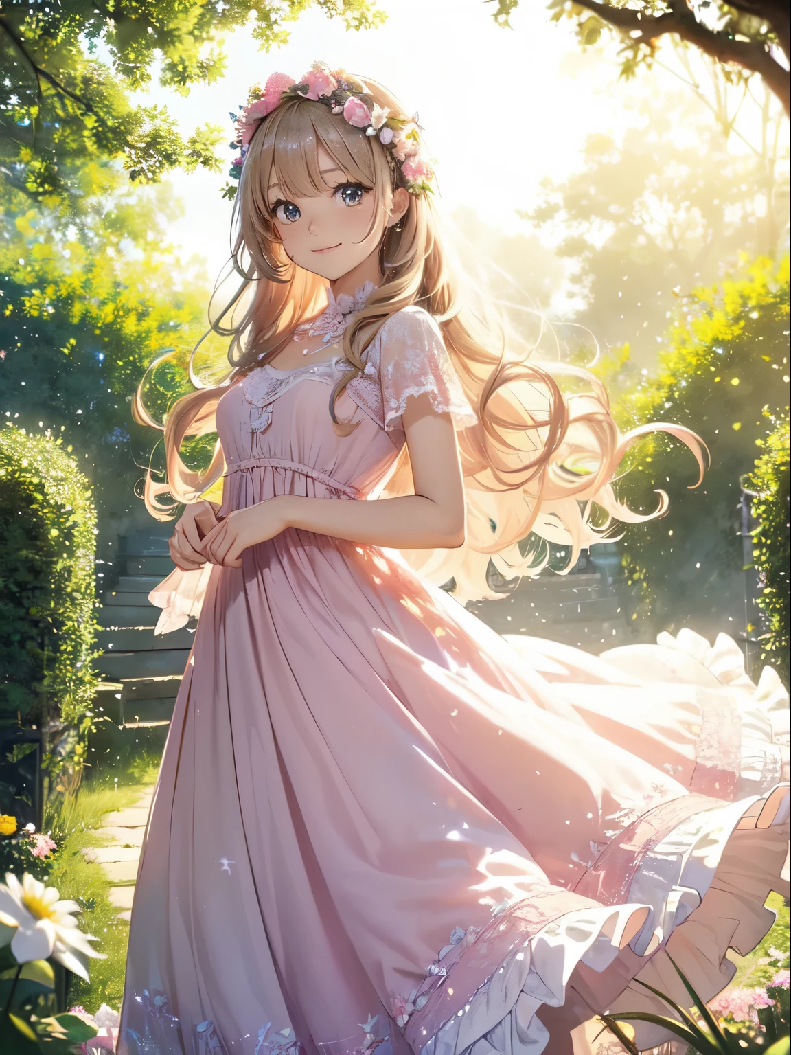 (Best Quality,Ultra-detailed,Photorealistic:1.37),Colorful,Ethereal lighting,Soft pastel tones,Atmosphere of bliss,Flower Garden,Daytime,summer feel,Joyful expression,Cheerful smile,sparkling stars,Sparkling eyes,((Long pink wavy hair)),(((Flowing dress with lots of frills and lace))),Small butterfly,Dainty floral crown,Innocent beauty,Natural and radiant appearance,Quiet and peaceful environment,Harmony with nature,Playful sunbeams,Delicate features,Dreamy whimsical atmosphere,Fun and enchanting moments.