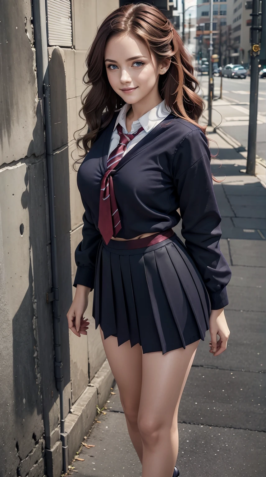 26 year old white woman、Hair color is reddish、Hair is wavy、Eye color is blue、Longhaire、A slender、a smile、Wearing a sailor suit、He wears an azuki-colored ribbon tie.、She's wearing a dark blue pleated skirt.、I'm wearing pin heels、standing against an old concrete wall、a smile、Head-on perspective、Breast size、A slenderだが均整の取れた細マッチョな身体