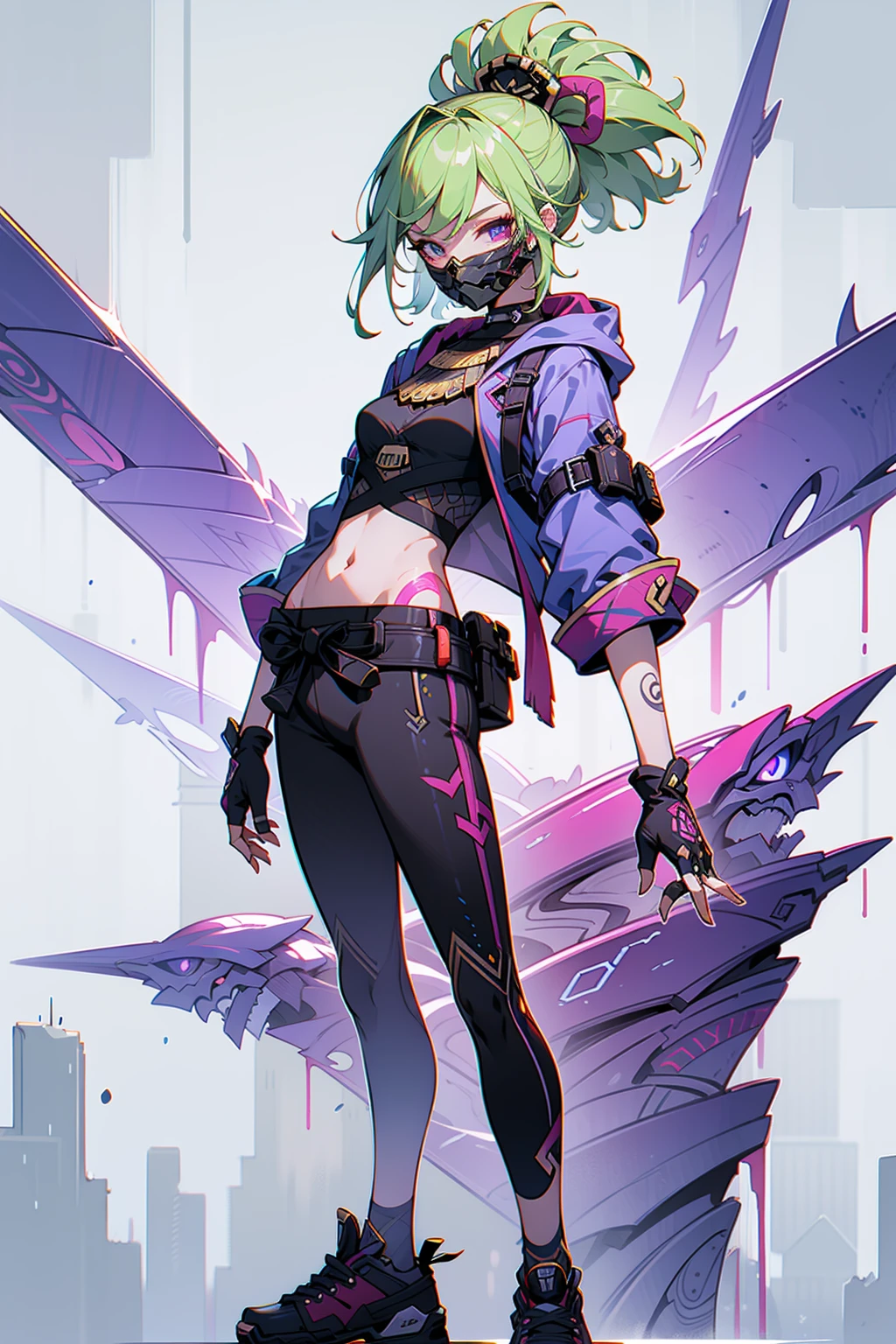 doom \(league of legend\), 1 girl Akali, lookingat观众, league of legend, , Stood up, arm tattoos, 1 girl , 扎the hair , 黑色the hair, 眼睛之间的the hair, Trendy wind, With long bangs, 长长的灰色the hair, (Masked number. 1:1.2), ninjartist, pony tails, waist bag, tattoo is, medium, lookingat_Shown in_peeking at the viewer, short_the hair, mitts, navel, fail, blue_There are eyes, everlasting, full_body, arma, footwear, collars, Black_mitts, septum, hooded, the hair_exceed_Yoon_There are eyes, , cropper_top, hoody, Black_trouser, athletic sneakers, fail_, , cropped_jaket, cyber punk personage, cropped_hoody