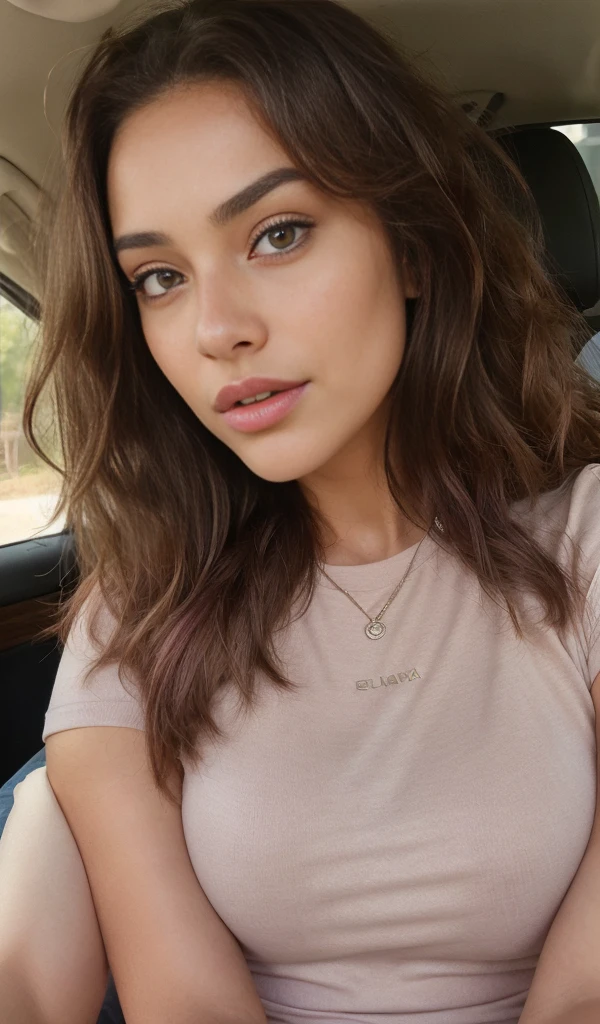 1 girl looking directly to camera,  fun, in distance, very pretty, 23 years old, tanned, long curly hair, pink hair, dark brown eyes, fluffy eyebrows, lips, realistic, far away, hyper realistic, detailed skin, realistic eyes, best quality, masterpiece, ultra high res, (photorealistic:1.3), 8K, raw photo, 1girl, natural skin texture, wearing top in car, natural skin texture, dynamic pose,curvy body, bluse, t-shirt,  selfie, kissing pose, open mouth,  showing tongue, light freckles