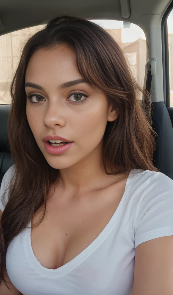 1 girl looking directly to camera, fun, in distance, very pretty, 23 years old, tanned, long curly hair, pink hair, dark brown eyes, fluffy eyebrows, lips, realistic, far away, hyper realistic, detailed skin, realistic eyes, best quality, masterpiece, ultra high res, (photorealistic:1.3), 8K, raw photo, 1girl, natural skin texture, wearing top in car, natural skin texture, dynamic pose,curvy body, bluse, t-shirt, selfie, kissing pose, open mouth, showing tongue, light freckles