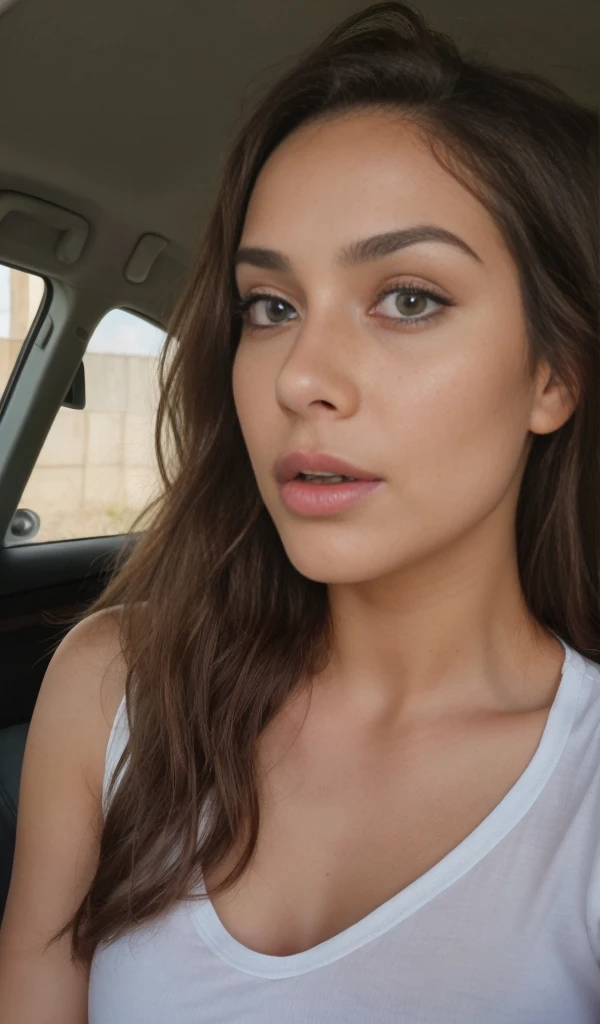 1 girl looking directly to camera, fun, in distance, very pretty, 23 years old, tanned, long curly hair, pink hair, dark brown eyes, fluffy eyebrows, lips, realistic, far away, hyper realistic, detailed skin, realistic eyes, best quality, masterpiece, ultra high res, (photorealistic:1.3), 8K, raw photo, 1girl, natural skin texture, wearing top in car, natural skin texture, dynamic pose,curvy body, bluse, t-shirt, selfie, kissing pose, open mouth, showing tongue, light freckles