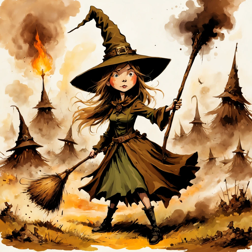 Soldier Witch in Field drab brown colors military-like witch hat and witch outfit with a wand that can fire projectiles, background battleground ,Quentin Blake Style