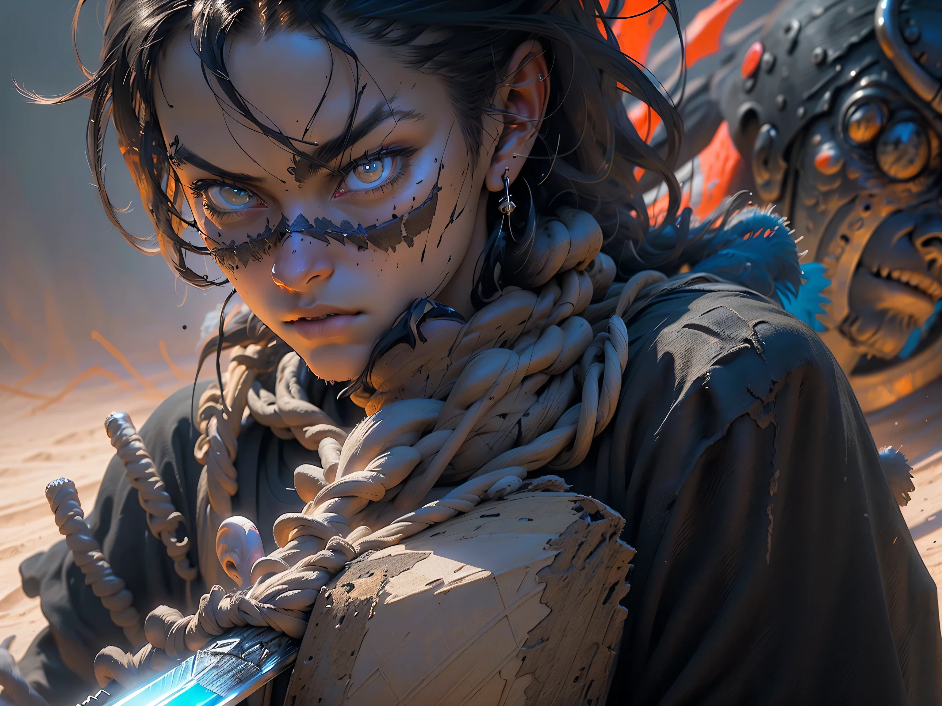 (a lone swordsman,in a desert) (best quality,4k,highres,ultra-detailed),sharp focus,extremely detailed face and eyes,physically-based rendering,professional,vivid colors,bokeh, (horror,concept artists) (dark,desaturated tones),studio lighting