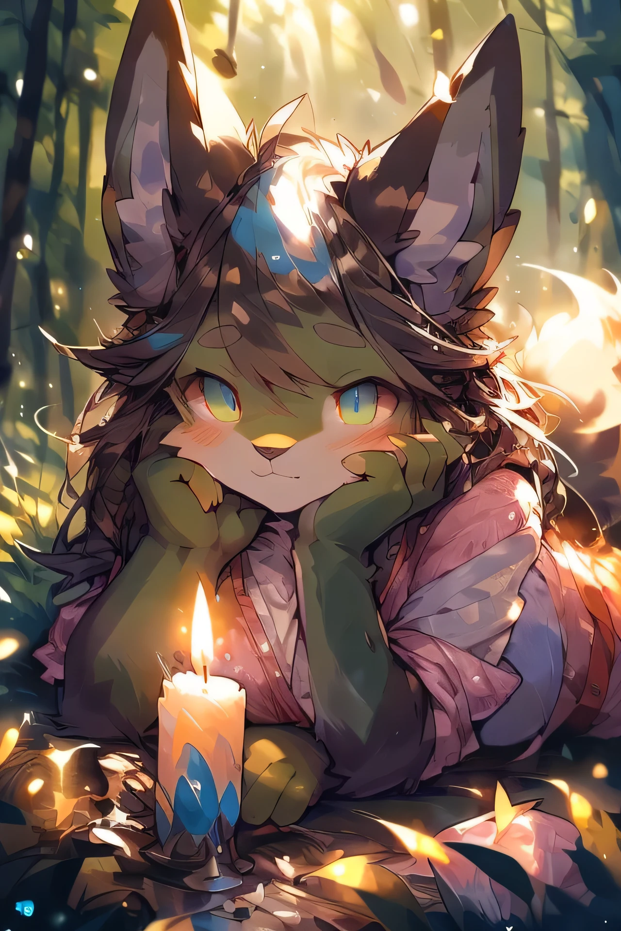 solo, female, (slim), (female wolf):1.3, blushing, sweating, (laying on back):1.3, (kemono:1.4) detailed eyes, ((body portrait)), , (detailed eyes, green eyes, glowing eyes):1.1, (outdoors:1.35), forest, candle, night, (particles ,firefly, blue glowing):1.3, detailed background, realistic hands, 8k HD, (dark shadows, wide dynamic range, hdr, low light:1.2), by (by Pino Daeni, (by ruaidri), (by virtyalfobo), (by Kenket).