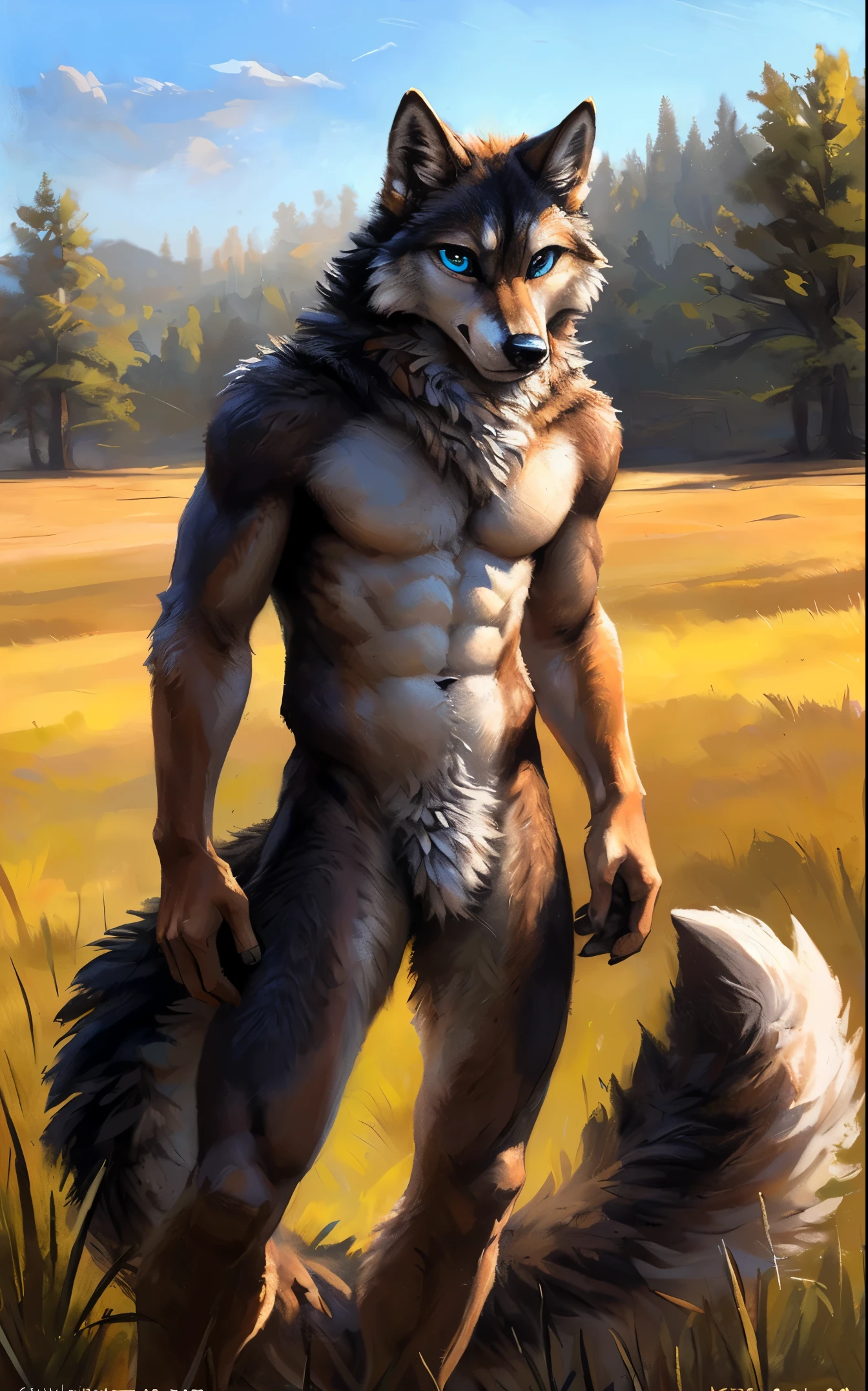 ((Solo)), male people, anthro wolf, (Multi-colored fur, White-brown:1.3,White tail pointed), (Height 2.1m,Tail length 1.5m), ((Wolf face, Big eyes, White eyelids, Blue pupil, Slim:1.2) (Tough, Calm expression:1.2)), Abs, Slim, pinging)), (Correct anatomy), Naked all over the body,A long big tail,Feet,(Realistic fur, Detailed fur texture, labeled:1.3)), (Natural lighting), Photorealistic, Hyperrealistic, ultradetailed, by Kenket,Field,No artifacts