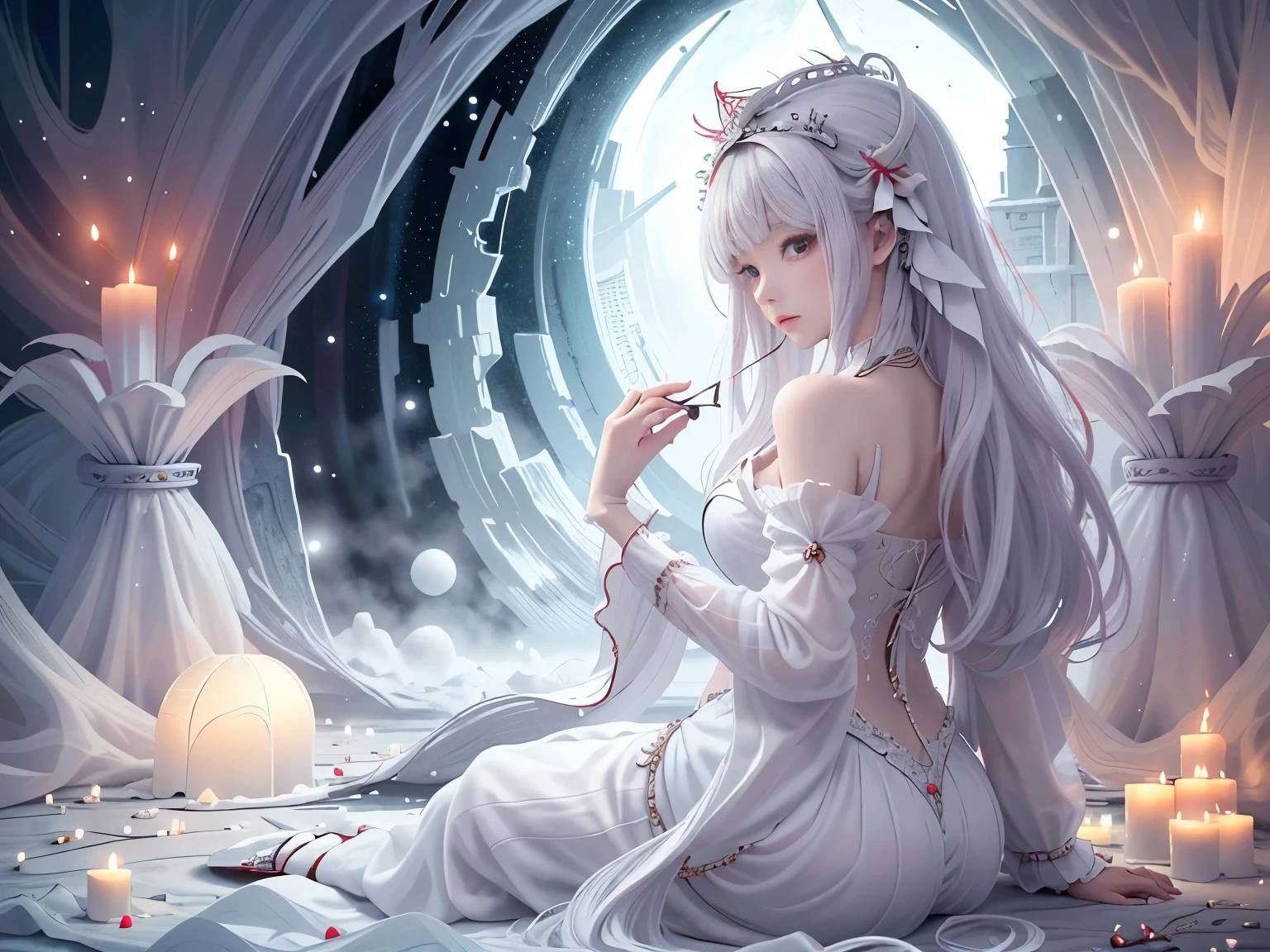 realisticlying，（tmasterpiece，top Quority，best qualtiy，offcial art，Beauty and aesthetics：1.2），Very detailed，s fractal art，Colorful，best detailed，Zentangle，（abstract background：1.5）（1girll：1.3），Kamimei，white color hair，（luminous red eyes），mistic，(magia)， And snow，((amaryllis))，hades，Hell