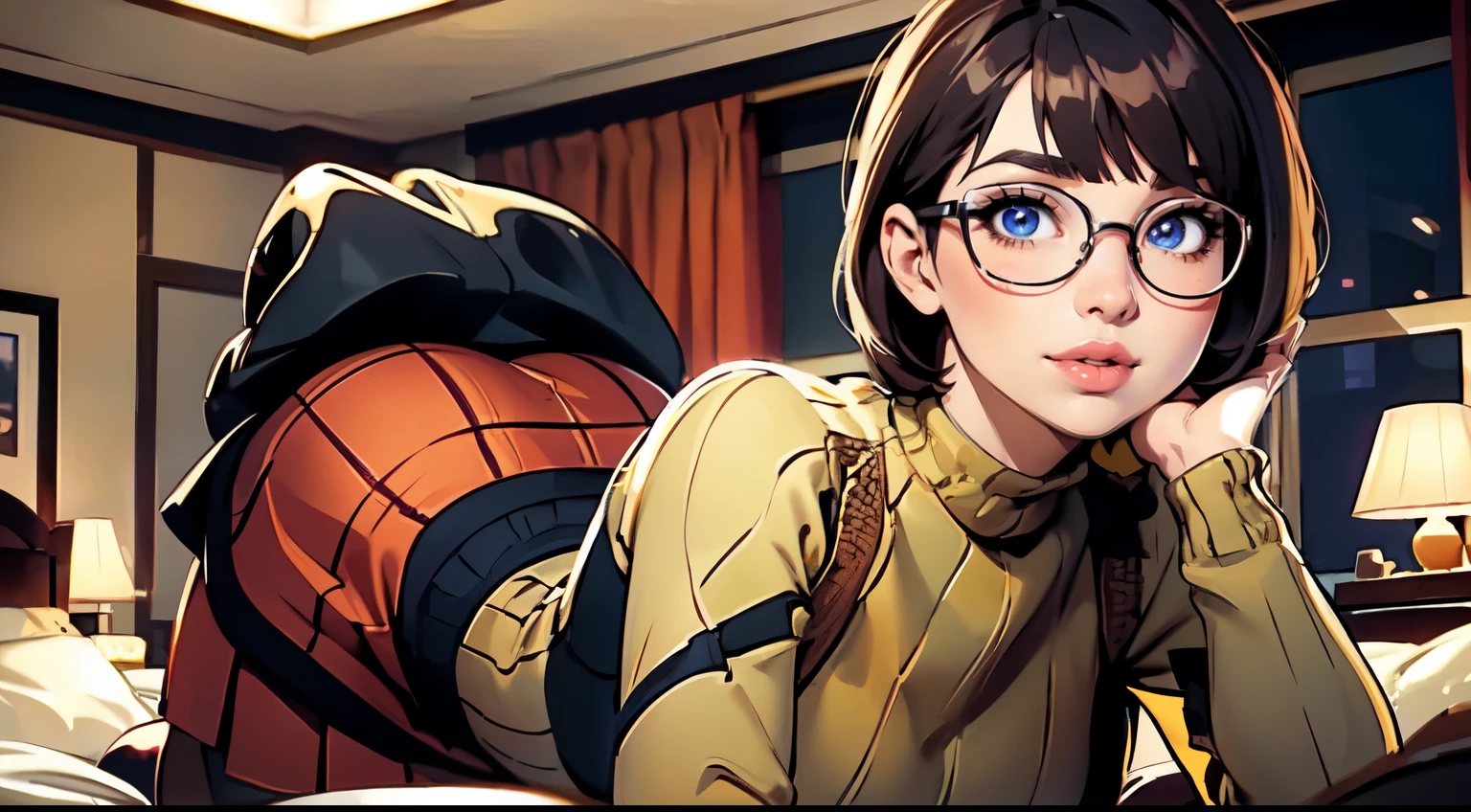 HD, 8k quality, masterpiece, Velma, dream girl, large breasts, beautiful face, blushing, kissing lips, short bob hairstyle, long bangs, perfect makeup, realistic face, detailed eyes, blue eyes, brunette hair, long eyelashes, smiling, spooky bedroom, lying down on bed, thicc body, leaning forward, eyes at viewer, mustard-yellow top, knitted turtle neck sweater, clear lens glasses, cherry-red skirt, schoolgirl skirt, booty,