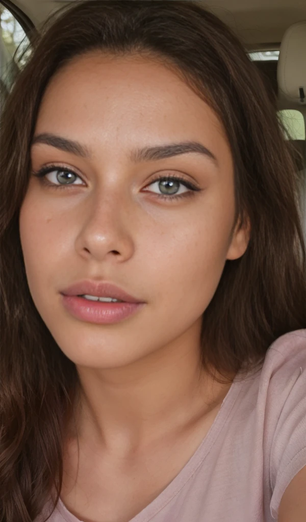 1 girl looking directly to camera, fun, in distance, very pretty, 23 years old, tanned, long curly hair, pink hair, dark brown eyes, fluffy eyebrows, lips, realistic, far away, hyper realistic, detailed skin, realistic eyes, best quality, masterpiece, ultra high res, (photorealistic:1.3), 8K, raw photo, 1girl, natural skin texture, wearing top in car, natural skin texture, dynamic pose,curvy body, bluse, t-shirt, selfie, kissing pose, open mouth, showing tongue, light freckles