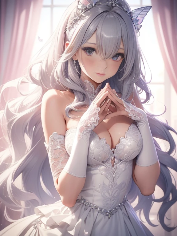 silber hair,butterflys,Long grey hair,Light pink wedding dresses,8k wallpaper,detailedbackground,Highest high resolution,Deep V Big,Hair covering one eye,Bandeau Wedding Dress,chies,white roses and pale pink roses,tight fitted,Stockings,(((perfect and cute hands)))