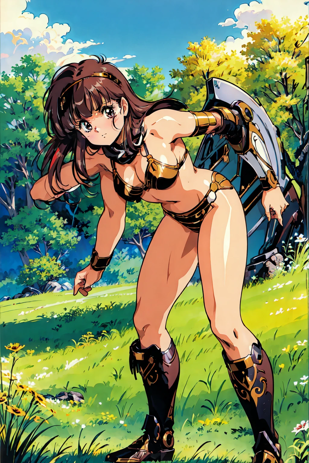 "(masterpiece:1.1), best quality,
1girl, (traditional media 80s:1.4), (eyelashes:1.5), (:1.2),
(intricate high detailed body:1.2),
(brown hair:1.1), (blunt bangs:1.1), (long hair, straight hair:1.1), (headband:1.1),
brown eyes,
(muscular body:1.1), (huge breasts:1.1),
(shy:1.2), (blush:1.1),
(bikini armor:1.2), (knight armor, armored boots:1.2),
(streaked hair:1.2), neckwear,
standing, (dynamic pose, action pose, leaning forward:1.2),
(upper body, cowboy shot, looking at viewer:1.1),
(daytime, grassland, outdoors:1.1)"