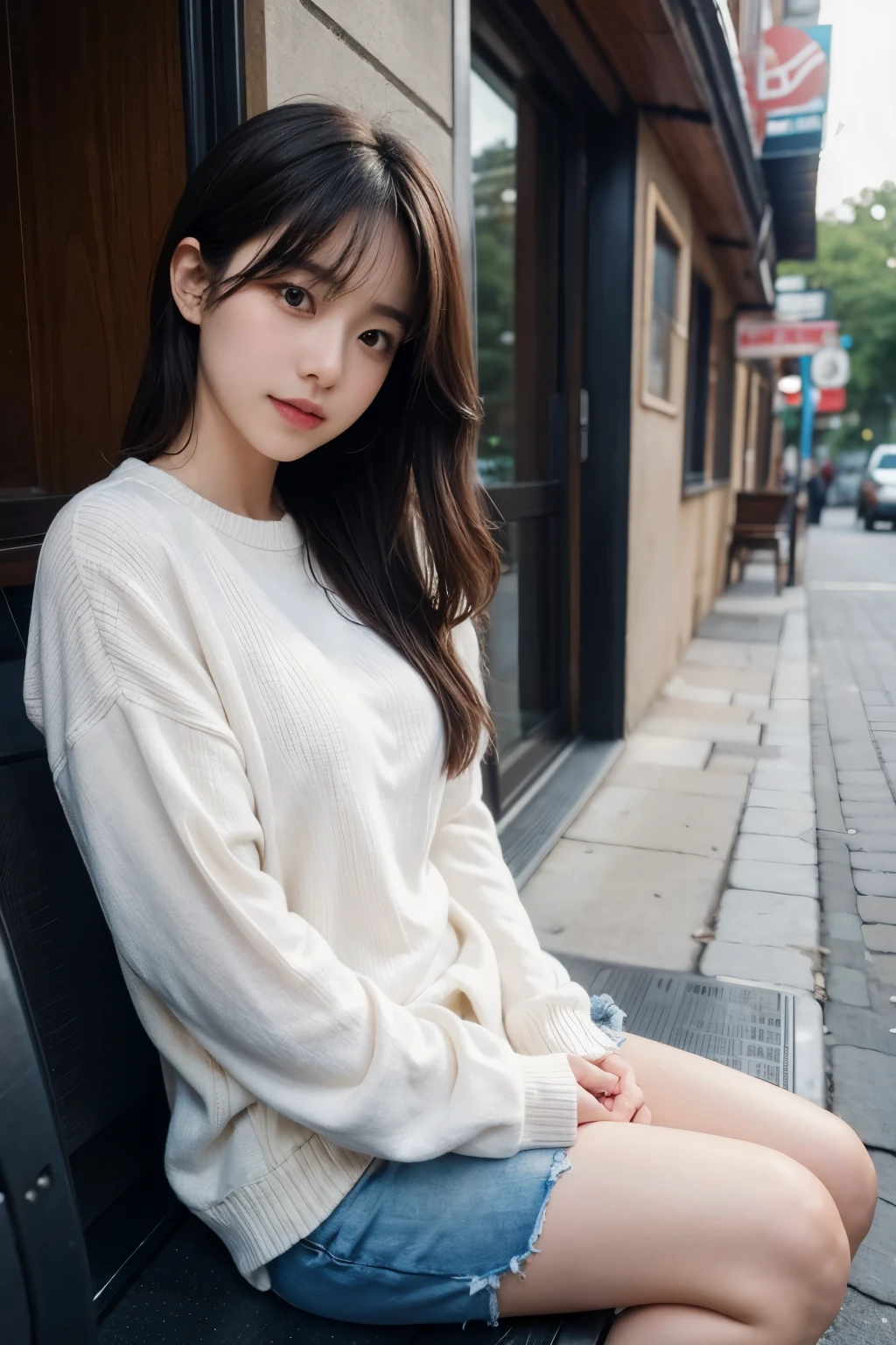 finely detail, hight resolution, hightquality、Perfect dynamic composition, Beautiful detailed eyes, Medium Hair, small tits、Natural Color Lip,Kamimei、Shibuya、20 years girl、1 persons、Transparent skin、Glowing hair、masutepiece, Best Quality, Illustration, Ultra-detailed, finely detail, hight resolution, 8K、The correct state of the human body、Crouch down、pretty pose,dishevled hair,beauty legs,Perfect beautiful face,KPOP Idol Face,Face that feels ecstasy,Pale light brown sweater(a miniskirt),Background blur,Do Guts Pose