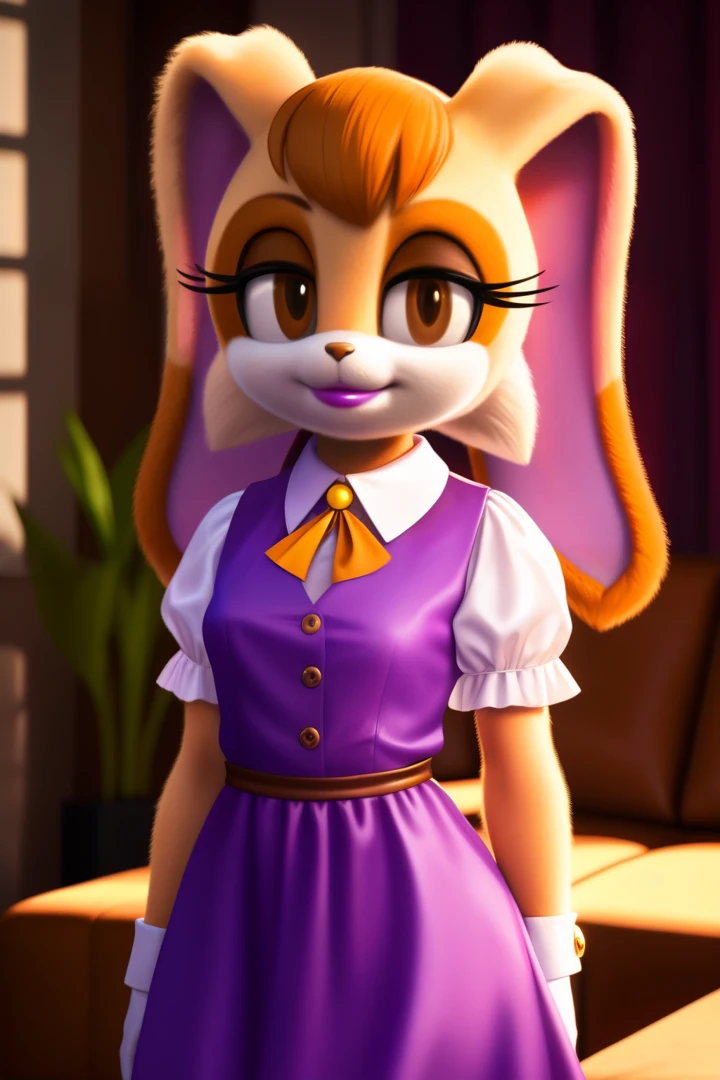 1girls,Vanilla the rabbit,wears a long lavender dress with a white trim at the bottom of the puffy sleeves and the skirt, a burgundy-fitted vest with golden buttons, a blue or orange ascot, white gloves with gold cufflinks, brown_hair,dipstick_ear, female,cleavage, female_solo, indoors, living room,smile,realistic,hyper realistic,day, lipstick, looking at viewer,