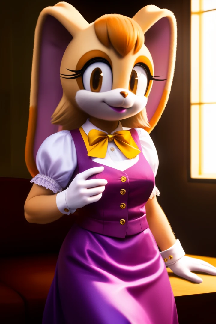 1girls,Vanilla the rabbit,wears a long lavender dress with a white trim at the bottom of the puffy sleeves and the skirt, a burgundy-fitted vest with golden buttons, a blue or orange ascot, white gloves with gold cufflinks, brown_hair,dipstick_ear, female,cleavage, female_solo, indoors, living room,smile,realistic,hyper realistic,day, lipstick, looking at viewer,