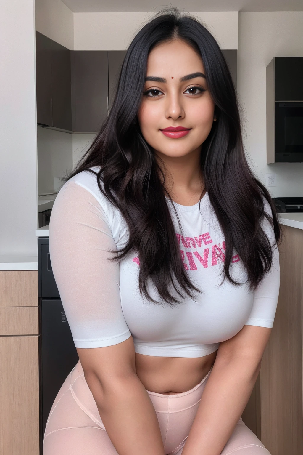 Jaya Prada 28 years old beautiful different cute Indian face Indian girl, big bulky m-cup breast, curvy plus size body figure, 3d Cross Stitch Embroidery t-shirt, different colorful 3d Abstract Cross Stitch Wearing a Banarasi descent saree politely, different hairstyle, bright eyes, thin eyebrows, fair skin, blushing cheeks, head to thigh close up view, smiling face, ultra realistic skin texture, Straight front view standing, beautiful different Modern Kitchen Studio background, ultra realistic, close up head to thigh view, black hair, Provocative eye Contact, glossy lipstick, attractive eye contract face, big bulky breast