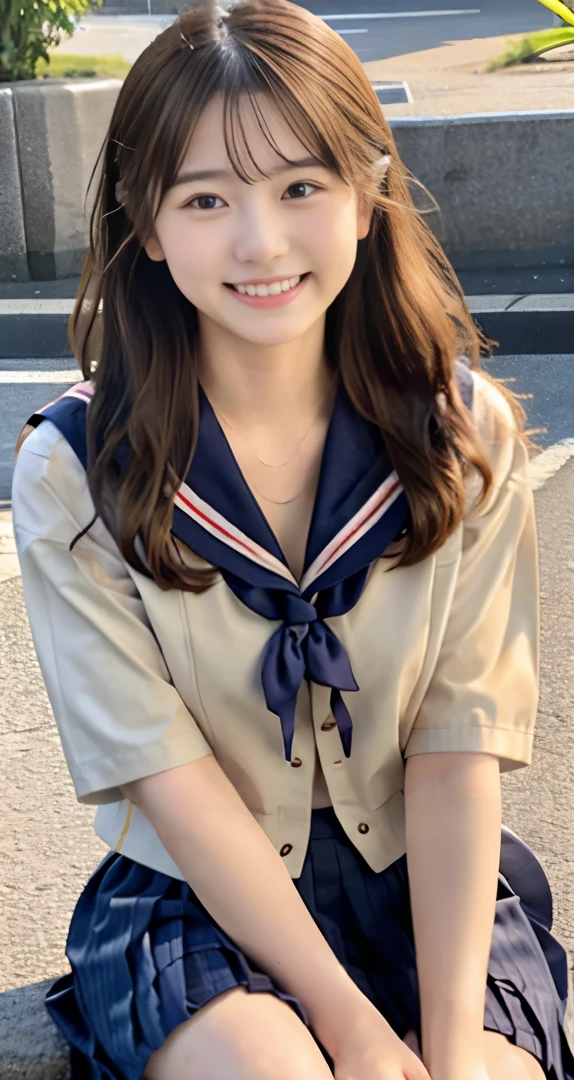 japanes、girl with、1人、sixteen years old、A dark-haired、length hair、high-school uniform(a sailor suit、shortsleeves、blanche、summer clothing)、cleavage of the breast、The jacket is exposed and the underwear is exposed(Ren Hao)is visible、knee sox、tiny chest、Gentle smile