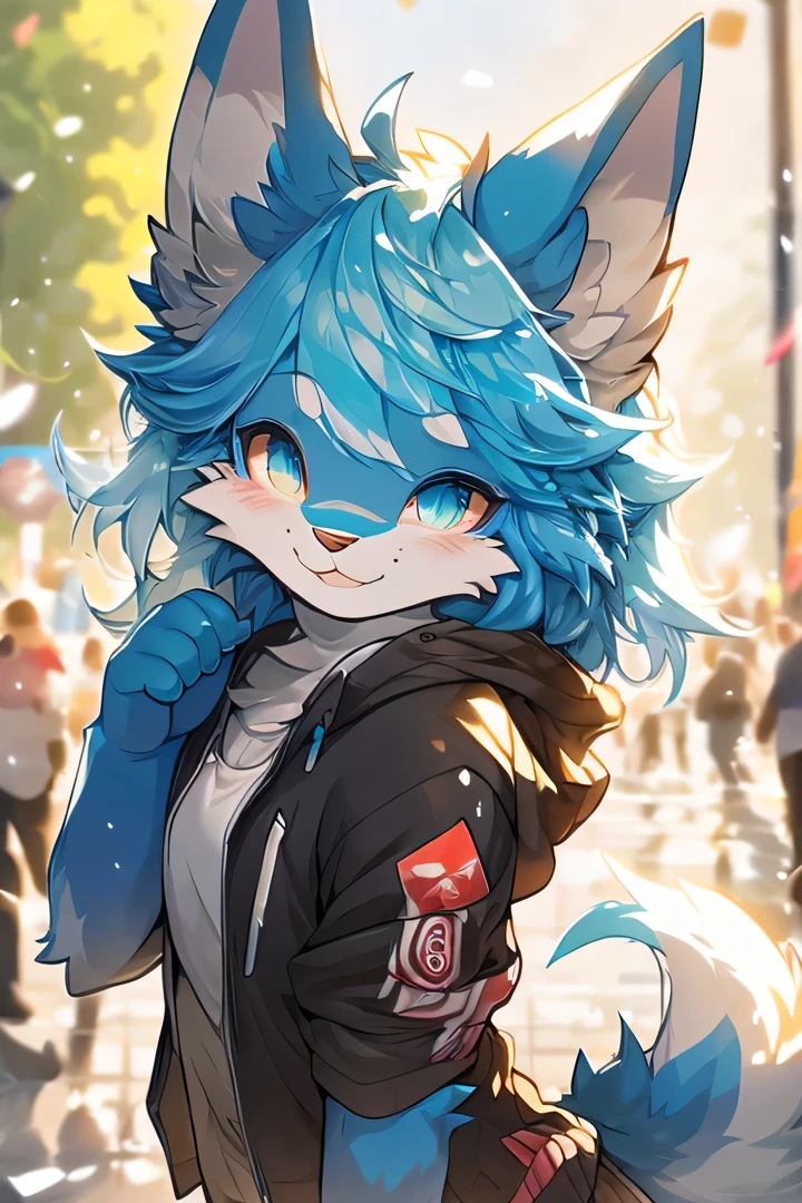solo male, blue wolf, furry, smiling, happy, dynamic lighting, illustration, portrait, beautiful, particles (high quality,4k,8k,highres,masterpiece:1.2), ultra-detailed, impressionistic:colorful,