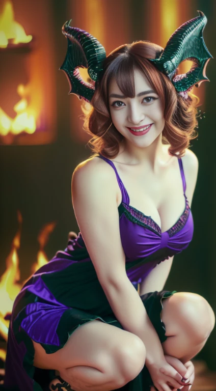 beautiful evil Devil, slender  female, symmetric eyes, smiling seductively, lotus position, (((wearing black-purple greek dress, large dragon 2 wings, goat horns))), (((wavy ginger, small bust, narrow waist, legs opened))), (((looking at viewer, pale cheek))), (((against fire flame, in dark))), squatting female, highly detailed