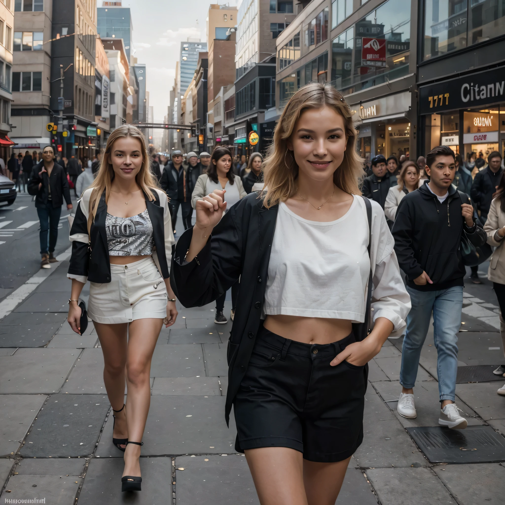 RAW photo, subject, 8K UHD, dslr, soft-lighting, hiquality, Film grain, Fujifilm XT3, (Best Quality,hight resolution,Ultra-detailed:1.2),Realistic,Portrait,beautiful girl with an attractive figure,Smiling,Standing on a busy city street,highlighting her natural beauty and style,reflecting the dynamic nature of city life,medium:oil painting,Street fashion,blonde hair,Fashionable outfit,confident expression,Vibrant cityscape,city lights,endearing smile,atmosphere of city life,Urban energy,Modern atmosphere,Flawless complexion,light eyes,Stylish appearance,Elegant posture,Shining Charm,busy city traffic,Pedestrians, Passers-by,urban architecture,Fashionable atmosphere,Colorful city background,dynamism of the city,The hustle and bustle of the city,energetic vibe,joyful atmosphere,Expressive body language,Positive vibes,beautiful view of the street,vibrant city scene,high fashion sense,Aesthetic appeal,Urban glamor,creative cityscape,stylish city dweller,Refined Aura,Eye-catching look,artistic interpretation,precise proportions.