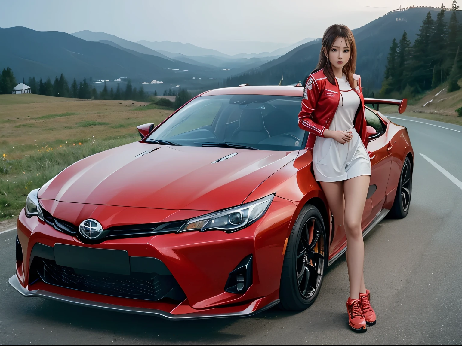 1womanl、Slender woman、sports jacket、Competition between beautiful women and sports cars、超A high resolution、An ultra-high picture quality、8K、Wonderful expression with attention to detail、early summer valley、A bright red sports car stopped at a mountain pass.Toyota Corolla Levin 2000GTX Sports Coupe