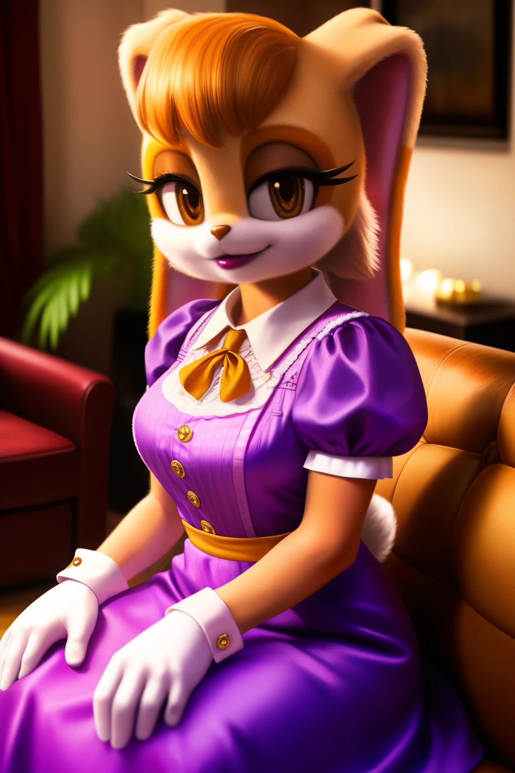 1girls,Vanilla the rabbit,wears a long lavender dress with a white trim at the bottom of the puffy sleeves and the skirt, a burgundy-fitted vest with golden buttons, a blue or orange ascot, white gloves with gold cufflinks, brown_hair,dipstick_ear, female,cleavage, female_solo, indoors, living room,smile,realistic,hyper realistic,day, lipstick, looking at viewer,