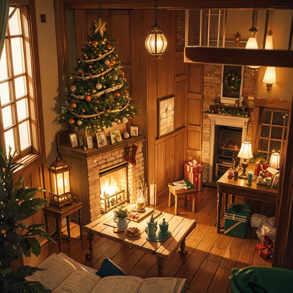 contour drawing inside of a house in St Kitts with homemade christmas decorations in 1960s with volumetric lighting