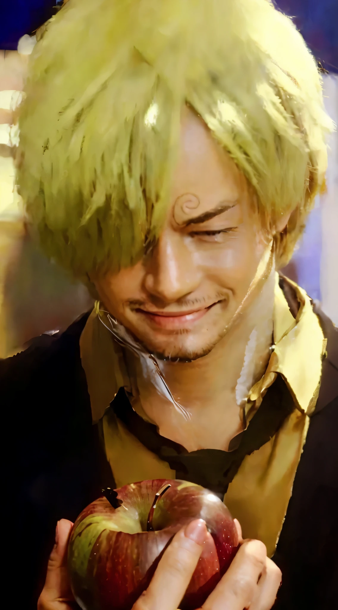 ((masterpiece)), ((realistic)), ((ultra detailed)), (( high reest quality)), ((photorealistic)), (perfect face), sanji from one piece, blonde hair, short hair, beard, wearing black clothes, wearing black tie, wearing brown underwear, hansome guy, holding an apple, brown stone background, character holding an apple while smiling, character closing his left eye, character standing in front of brown stones man holding an apple in his hand, detailed face, detailed hair, detailed body, detailed eyes, detailed mouth, detailed nose, detailed charcter, deailed strands of hair, detailed tie, detailed clothes, (deailed skin)