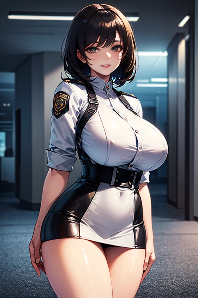 (1 female police officer), Ultimate Beautiful Mature, hyperdetailed face, Detailed eyes, Double eyelids, Detail lips, Short brunette hair, (Light blue fancy blouse), (Black tight mini skirt), (Big breasts), lightsmile, thighs thighs thighs thighs, Standing, ((Cowboy Shot)), depth of fields, Perfect litthing, (Photorealsitic:1.4), (ultra-detailliert), (top-quality), (Best Shadows), (masterpiece), Ultra High Resolution, Background with: (toyo city),Dark eye makeup、Bright red lipstick, Slim outfit