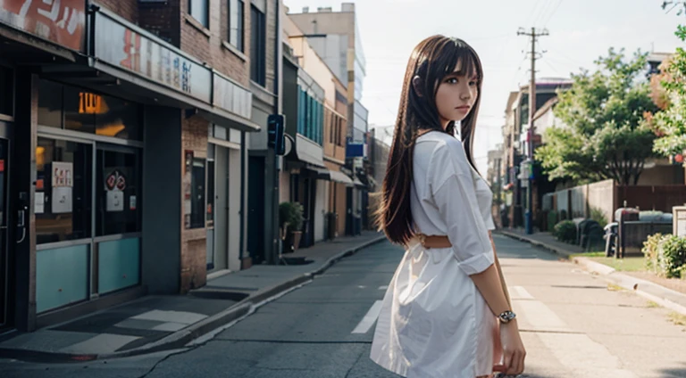 An anime-style and beautiful girl stands in the distance