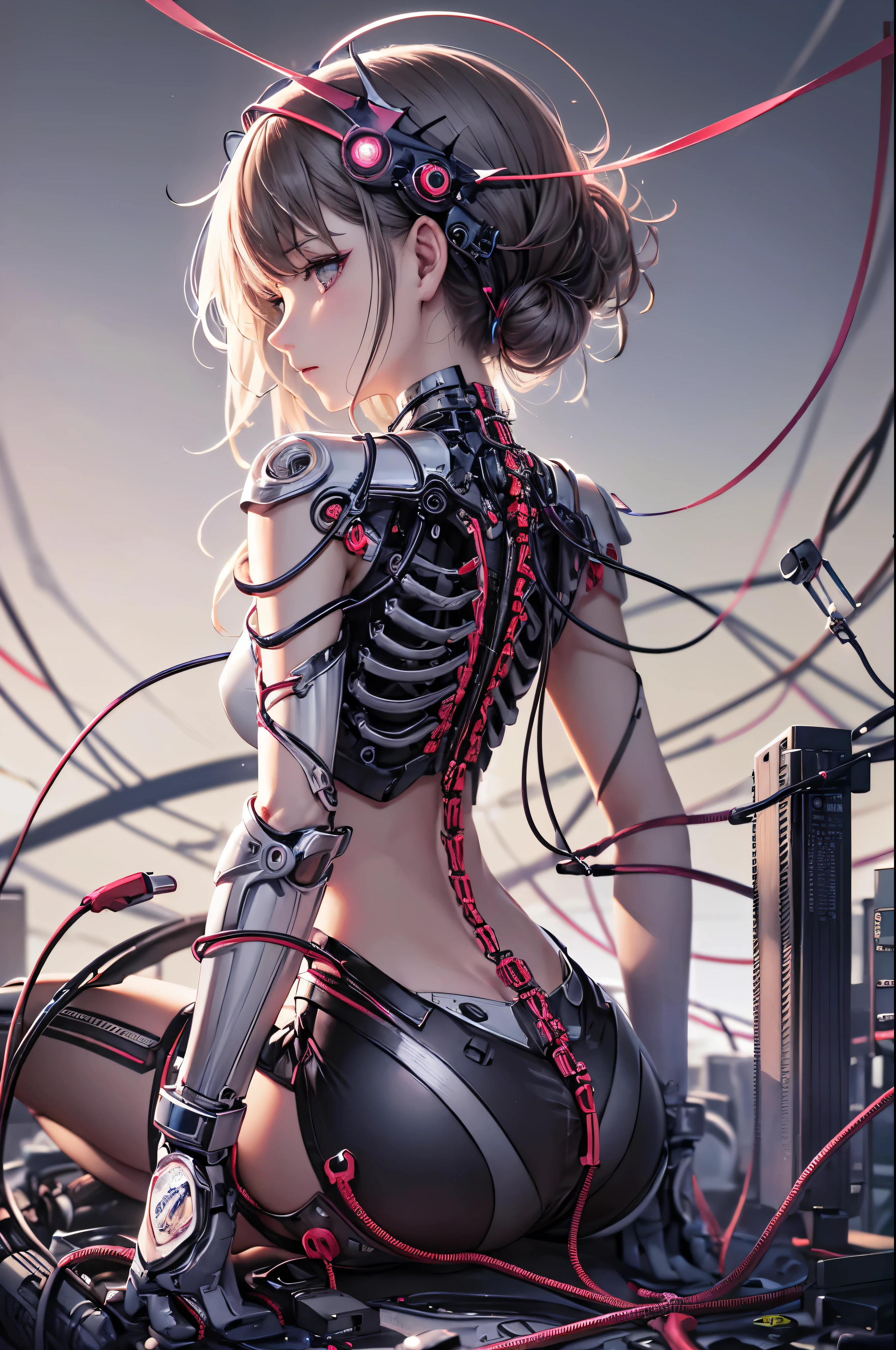 (((masutepiece))), (((Best Quality))), ((Ultra-detailed)), (High Definition CG Illustration), ((extremely delicate and beautiful)),(From Side),Cinematic Light,((1mechanical girl)),Solo,Full body,(Machine-made joints:1.2),((Mechanical marginal vessels connected to tubes),(mechanical vertebra attaching to the back),((mechanical cervial attaching to neck)),(Sitting),deadpan,(wires and cables attaching to neck:1.2),(wires and cables on head:1.2)(Character Focus),Science fiction,White background, ighly detailed,Colorful,highest details