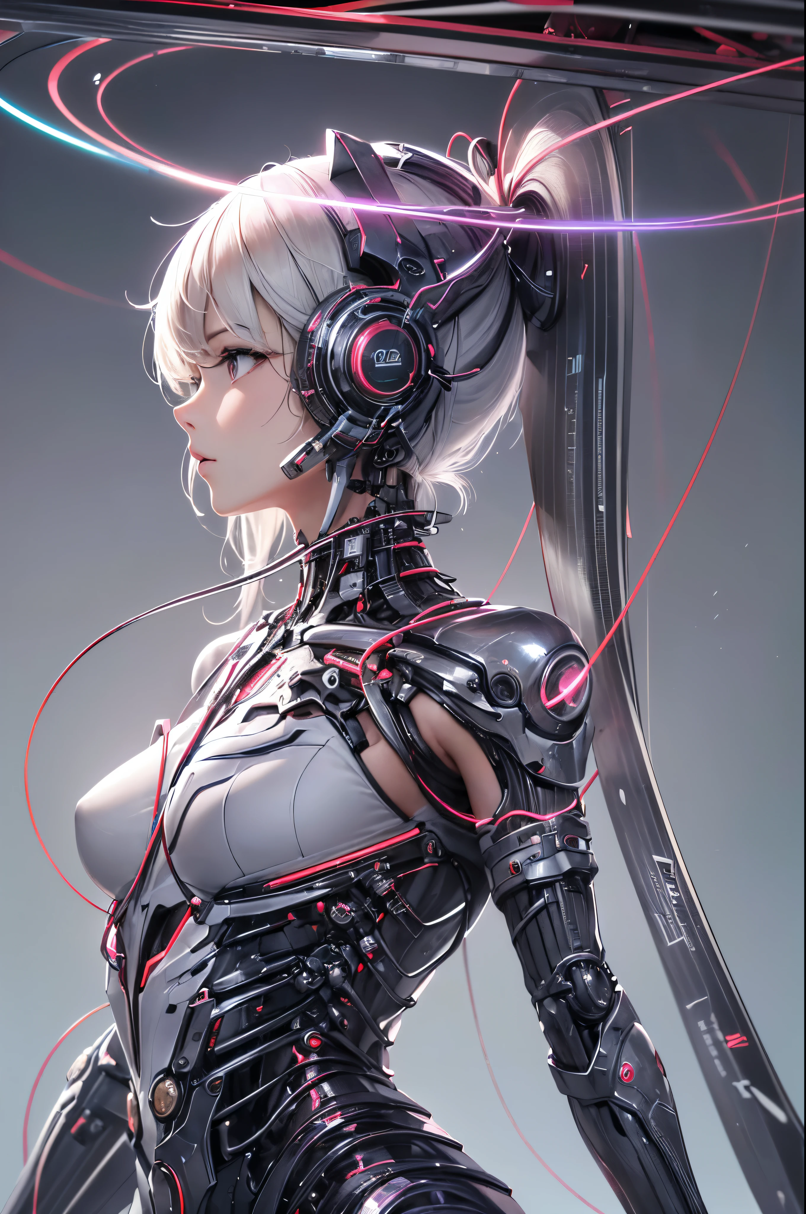 (((masutepiece))), (((Best Quality))), ((Ultra-detailed)), (High Definition CG Illustration), ((extremely delicate and beautiful)),(From Side),Cinematic Light,((1mechanical girl)),Solo,Full body,(Machine-made joints:1.2),((Mechanical marginal vessels connected to tubes),(mechanical vertebra attaching to the back),((mechanical cervial attaching to neck)),(Sitting),deadpan,(wires and cables attaching to neck:1.2),(wires and cables on head:1.2)(Character Focus),Science fiction,White background, ighly detailed,Colorful,highest details