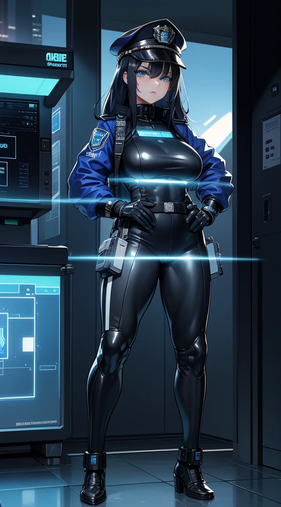 The highest image quality,excellent detail,The ultra-Highres,The Police of the Future,She is wearing a futuristic SWAT uniform,She stood in front of a police car,Sturdy body,Sexy and sturdy,Detailed abs,Detailed muscle lines,dynamicposes,natta,Futuristic City Street View Background,Neon lights,Technological sense,future tech,Very detailed cyberpunk style,Cyberpunk persona,Highly detailed police uniform,Highly detailed police hat,Highly detailed police force,Highly detailed police badges,Very detailed armbands,Very detailed police strip,Highly detailed epaulettes,Wearing a police cap,Very delicate electric baton,Highly detailed guns,The Gun of the Future,intercom,Wireless devices,Very fine handcuffs,Highly detailed police equipment,Highly detailed police cars,Police cars of the future,frontage,full body photograph,look from bottom to top,Down from the bottom, lookin at viewer,machinery