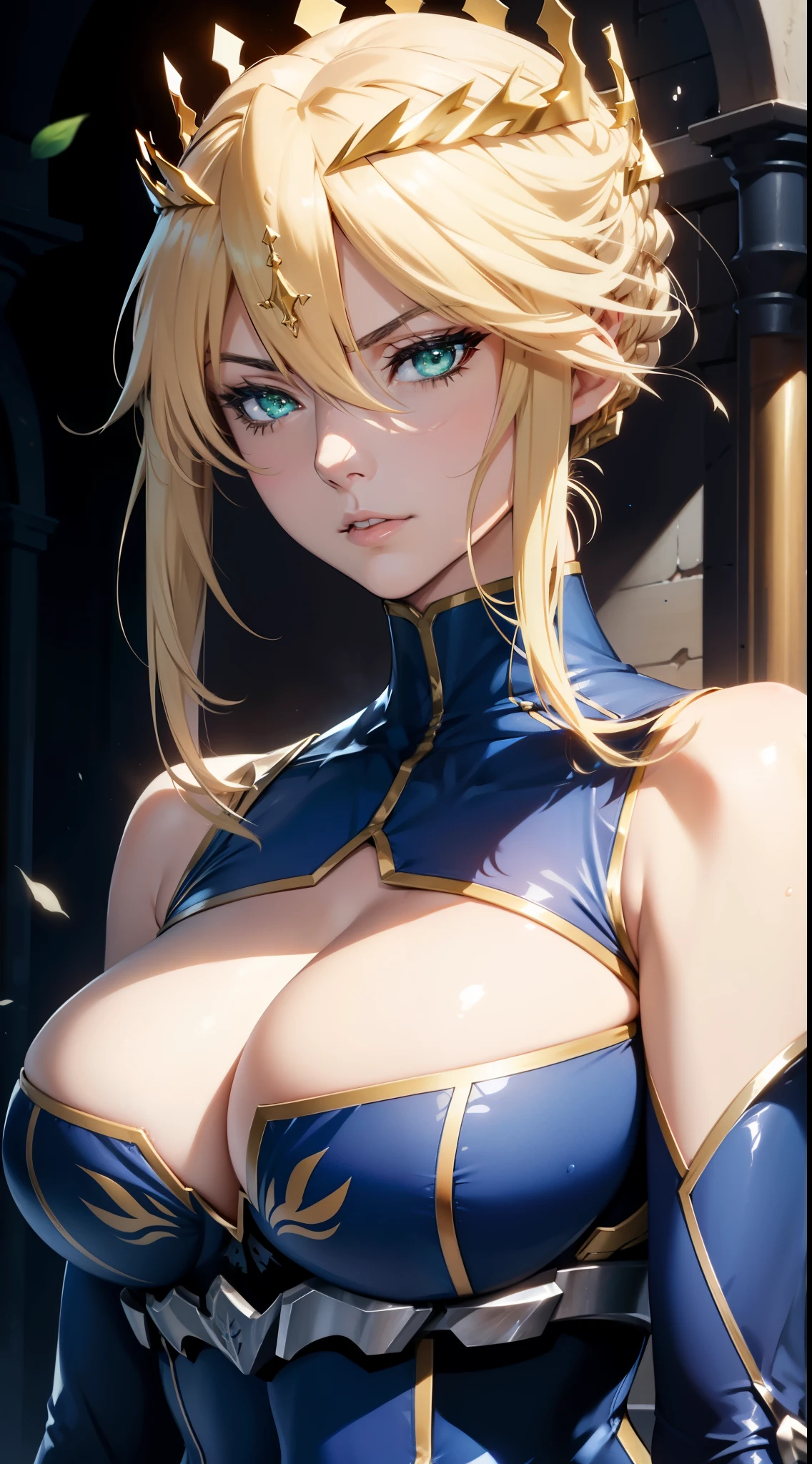 Lancer Artoria, elegant adult female, blonde, green eyes, crown, turtleneck, cleavage cutout, sleeveless, blue leotard, elbow gloves, gauntlets, close-up face, high resolution, extremely detail 8k cg.