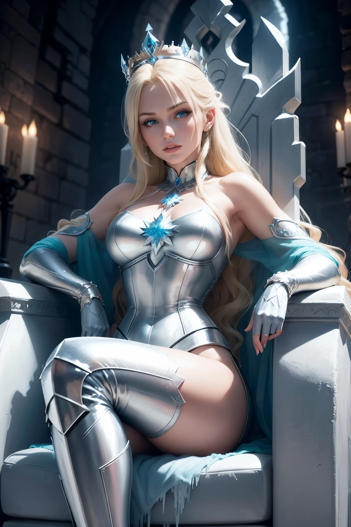 1 gorgeous European blonde woman, age 23, she is the powerful queen of the frozen world, she sits on her metallic frozen throne