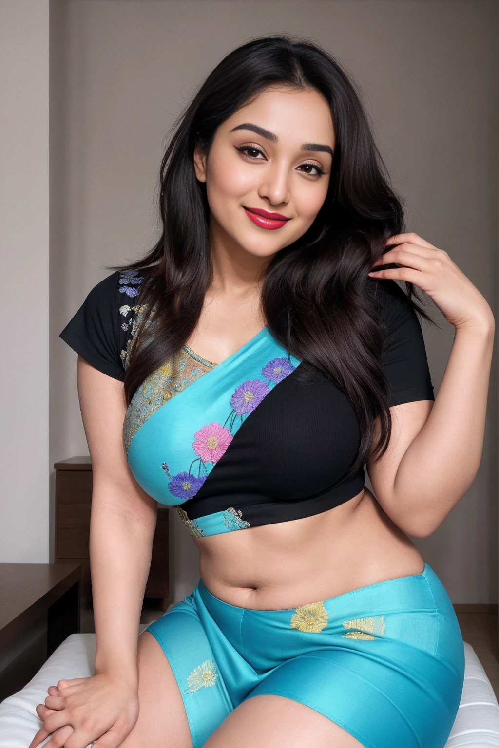 Madhuri Dixit 28 years old beautiful different cute Indian face Indian girl, big bulky m-cup breast, curvy plus size body figure, Abstract Designs Embroidery different colorful t-shirt, different colorful Abstract Designs Wearing a Banarasi saree politely, different hairstyle, bright eyes, thin eyebrows, fair skin, blushing cheeks, head to thigh close up view, smiling face, ultra realistic skin texture, Straight front view standing, beautiful different  Loft background, ultra realistic, close up head to thigh view, black hair, Provocative eye Contact, glossy lipstick, attractive eye contract face, big bulky breast