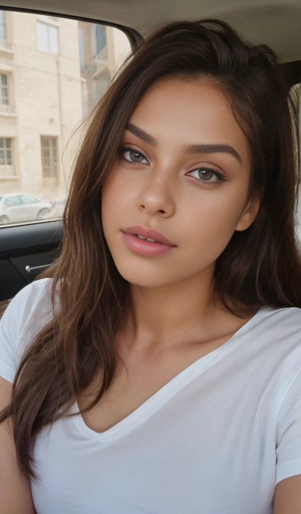 1 girl looking directly to camera, fun, in distance, very pretty, 23 years old, tanned, long curly hair, pink hair, dark brown eyes, fluffy eyebrows, lips, realistic, far away, hyper realistic, detailed skin, realistic eyes, best quality, masterpiece, ultra high res, (photorealistic:1.3), 8K, raw photo, 1girl, natural skin texture, wearing top in car, natural skin texture, dynamic pose,curvy body, bluse, t-shirt, selfie, kissing pose, open mouth, showing tongue, light freckles